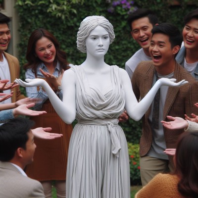 a scene in a soap opera where a lady performing as white female living statue as her job in an exhibit in a garden. she is staring to nowhere. she shows no emotion but slightly smirking. arms slightly raised forward. people are laughing a.jpg