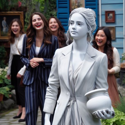 a scene in a soap opera where a young lady performing as white female living statue as her job in an exhibit in a garden. she is staring to nowhere. she shows no emotion but slightly smirking. one arm slightly raised forward. holding a va (3).jpg