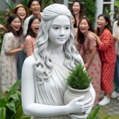 a scene in a soap opera where a young lady performing as white female living statue as her job in an exhibit in a garden. she is staring to nowhere. she shows no emotion but slightly smirking. one arm slightly raised forward. holding a va (4).jpg