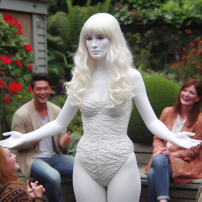 a scene in a soap opera where a young lady performing as white female living statue as her job in an exhibit in a garden. she is staring to nowhere. she shows no emotion but slightly smirking. one arm slightly raised forward. holding a va (5).jpg