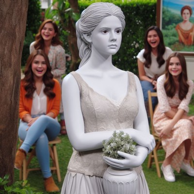 a scene in a soap opera where a young lady performing as white female living statue as her job in an exhibit in a garden. she is staring to nowhere. she shows no emotion but slightly smirking. one arm slightly raised forward. holding a va (6).jpg