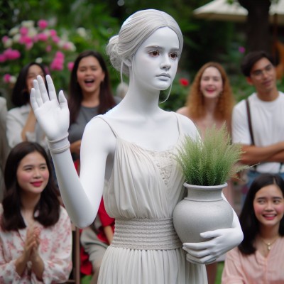 a scene in a soap opera where a young lady performing as white female living statue as her job in an exhibit in a garden. she is staring to nowhere. she shows no emotion but slightly smirking. one arm slightly raised forward. holding a vase. people a.jpg
